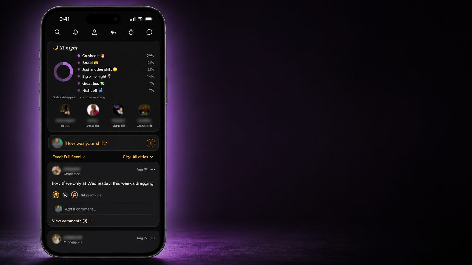 The Shift app on an iPhone: Tonight's check-ins and a post from a server in Charleston